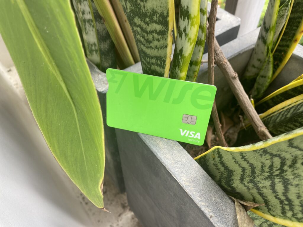 A green Wise debit card infront of some plants
