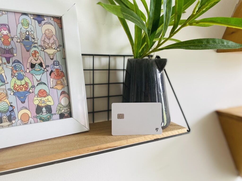 A white eco Wise debit card on a wooden shelf next to a plant