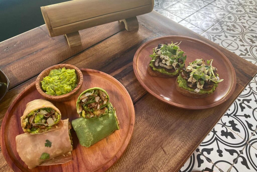 A vegan lunch of jackfruit wraps and avocado on toast at Lang 3 a vegan-friendly restaurant in Da Nang