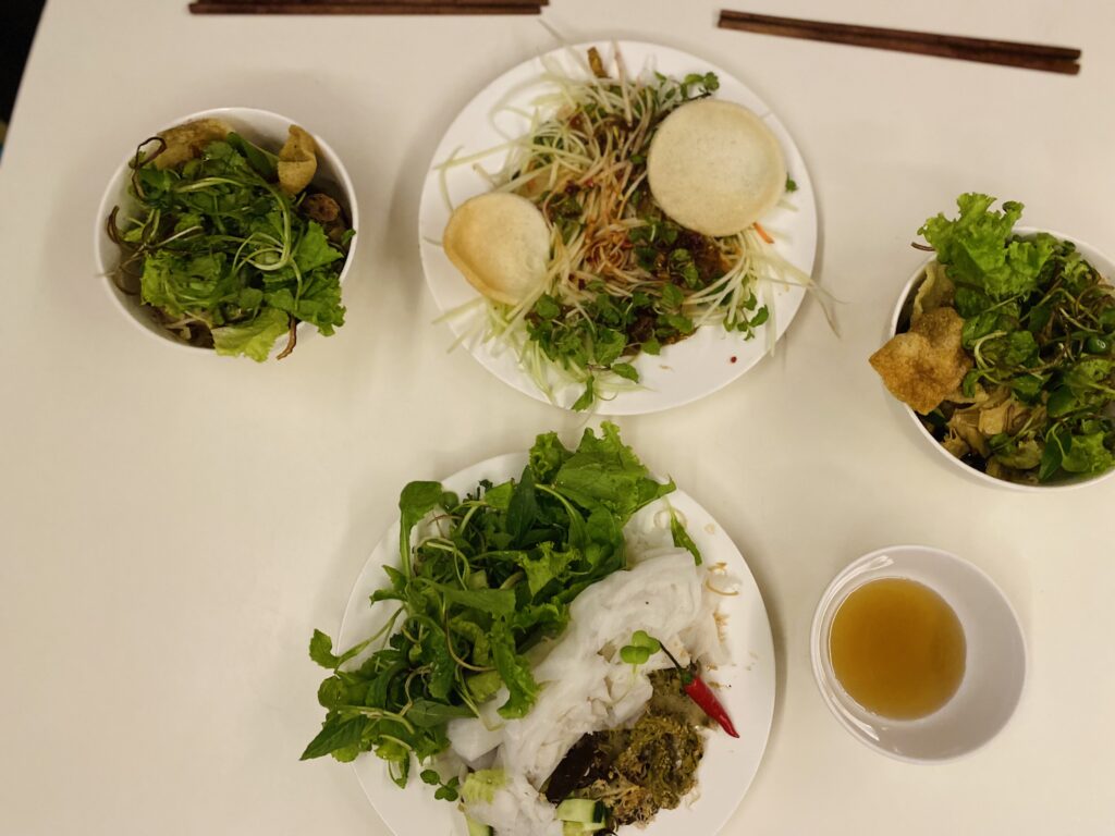 Vegan takeaway food on a table from a vegan restaurant in Da Nang, Vietnam