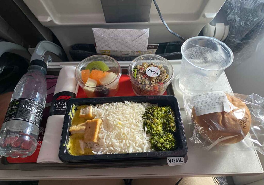 A Qatar Airlines meal coming out of the UK
