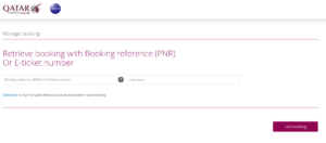 Screenshot of Qatar Airways Manage Booking tool on their website