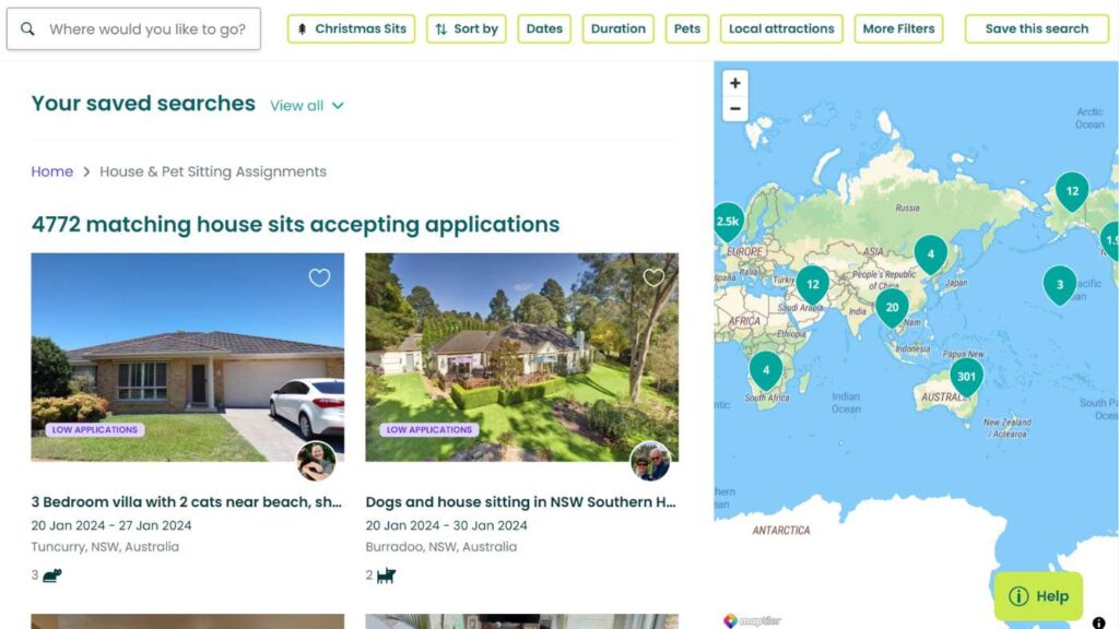 A screenshot of the find a housesit page on the TrustedHousesitters platform